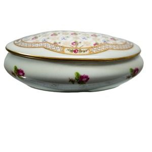 Vintage Limoges Castel Oval Porcelain Trinket Box with Roses and gold trim lid